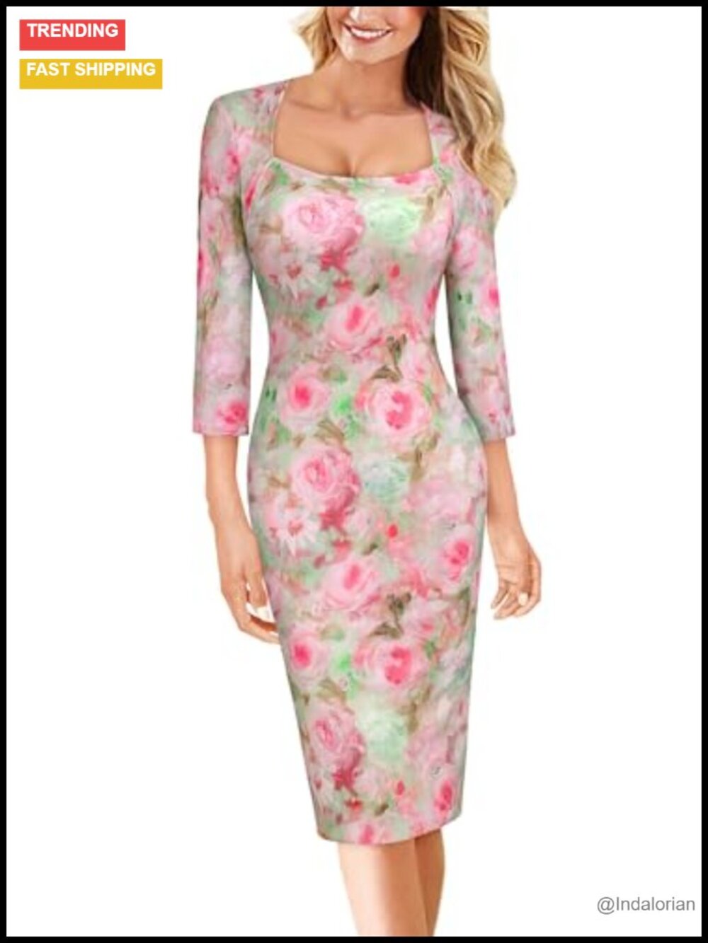 Women's Square Neck 3/4 Sleeve Bodycon Sheath Dress Cocktail Party Wedding Guest